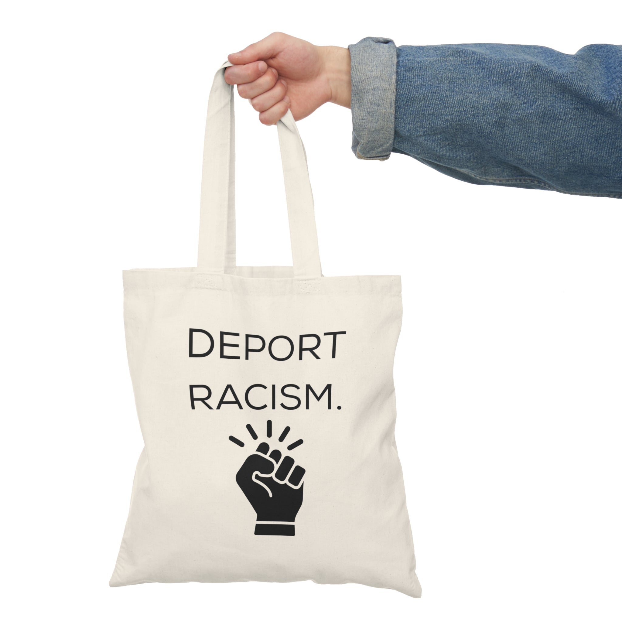 Deport Racism raised fist Tote Bag | Anti-Racism Statement, Natural Canvas Tote
