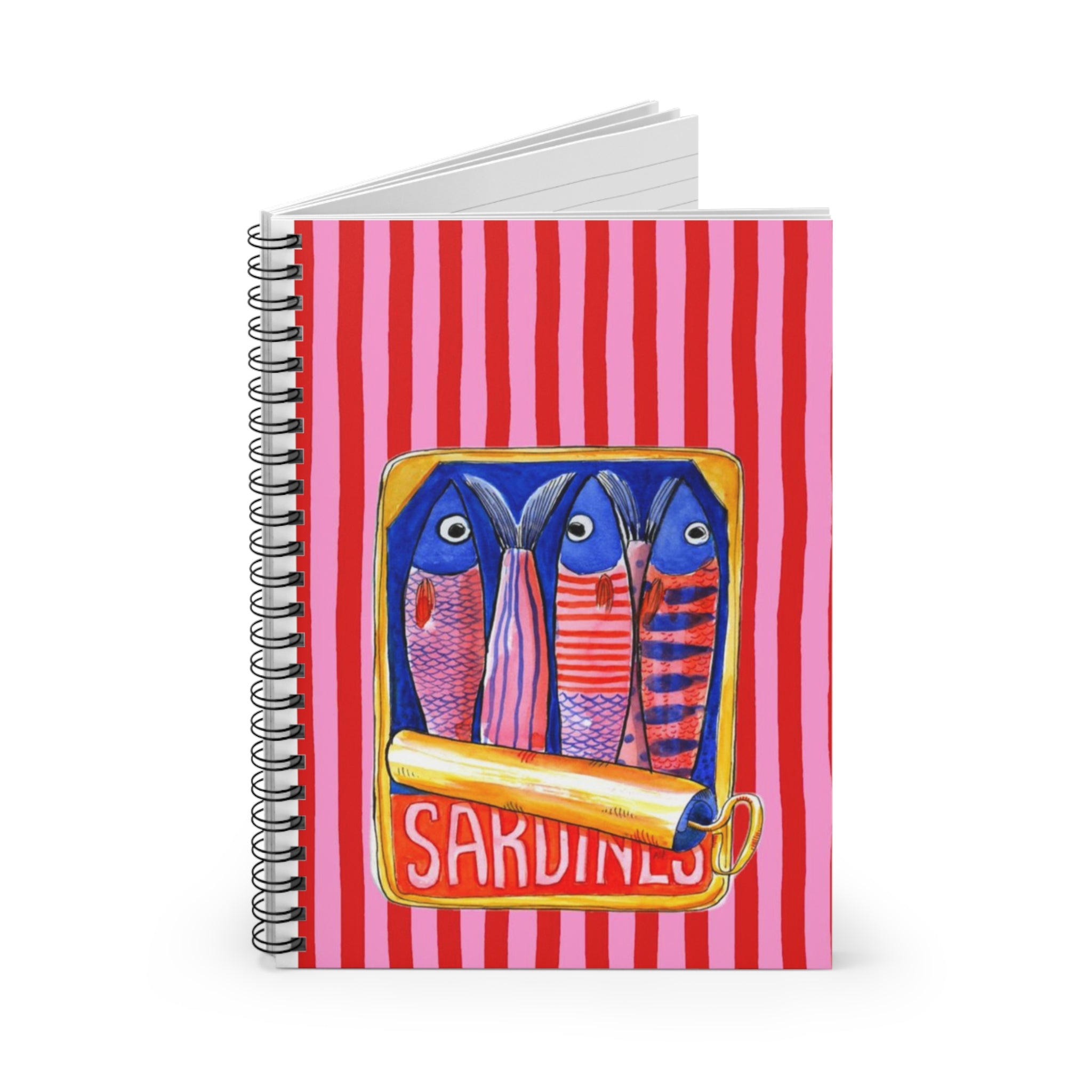 Sardines Illustration Spiral Notebook | Ruled Journal, Pink Stripes | Summer Journal | Vacation Journal | Aesthetic Notebook