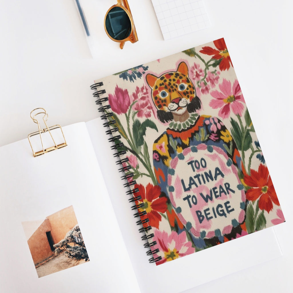 Too Latina To Wear Beige Spiral Notebook | Floral Leopard Illustration | Latina Power | Mexican Artist | Artist Sketchbook