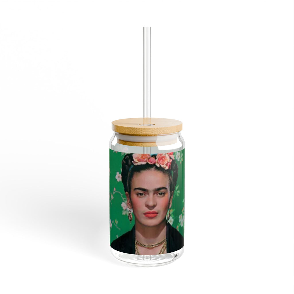 Frida Kahlo Green Flower Portrait Sipper Glass | 16oz | Feminist Art Cup | Frida | Boho Mexican Folk Art | Authentic Gifts