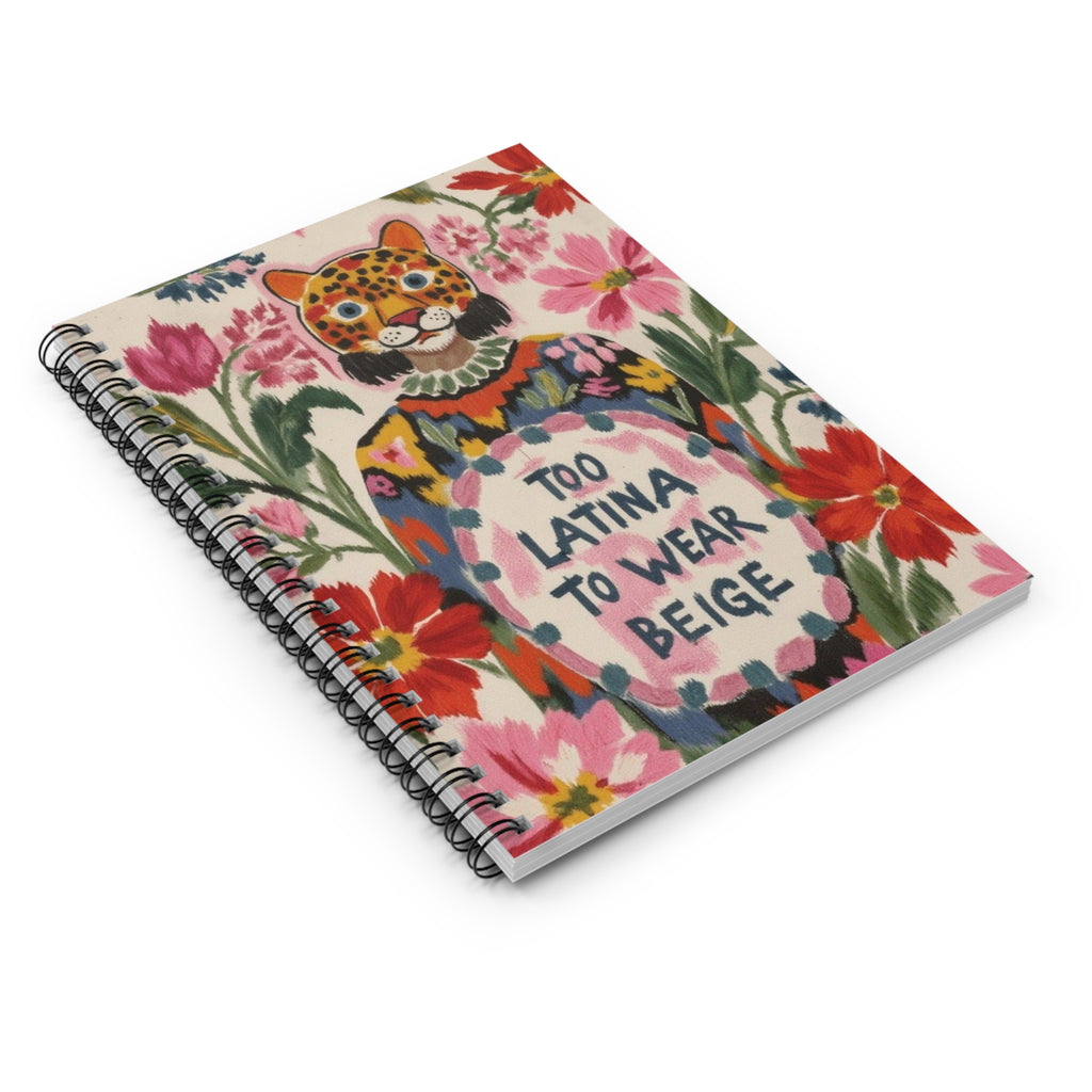 Too Latina To Wear Beige Spiral Notebook | Floral Leopard Illustration | Latina Power | Mexican Artist | Artist Sketchbook