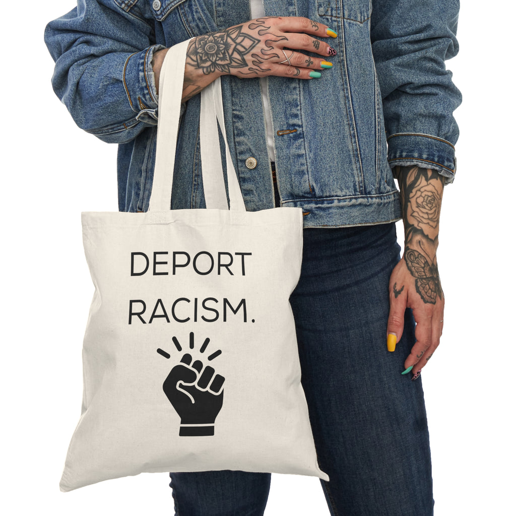 Deport Racism raised fist Tote Bag | Anti-Racism Statement, Natural Canvas Tote