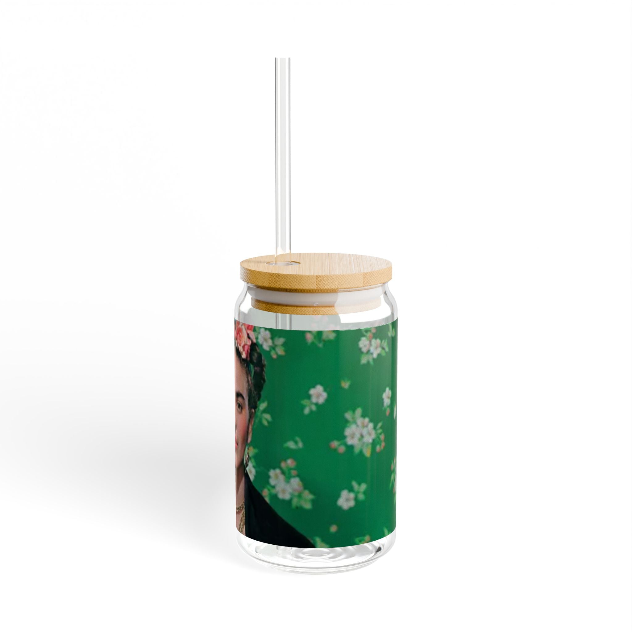 Frida Kahlo Green Flower Portrait Sipper Glass | 16oz | Feminist Art Cup | Frida | Boho Mexican Folk Art | Authentic Gifts