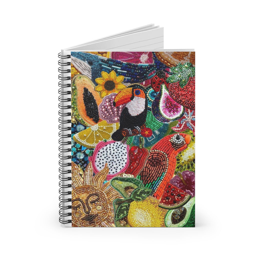 Summer Tropical Fruit Beaded Collage Spiral Notebook | Toucan & Citrus Illustration Notebook | Vacation Journal