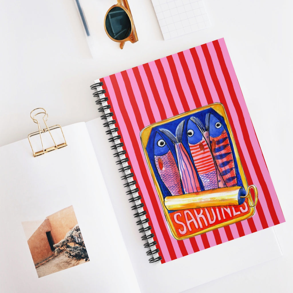 Sardines Illustration Spiral Notebook | Ruled Journal, Pink Stripes | Summer Journal | Vacation Journal | Aesthetic Notebook
