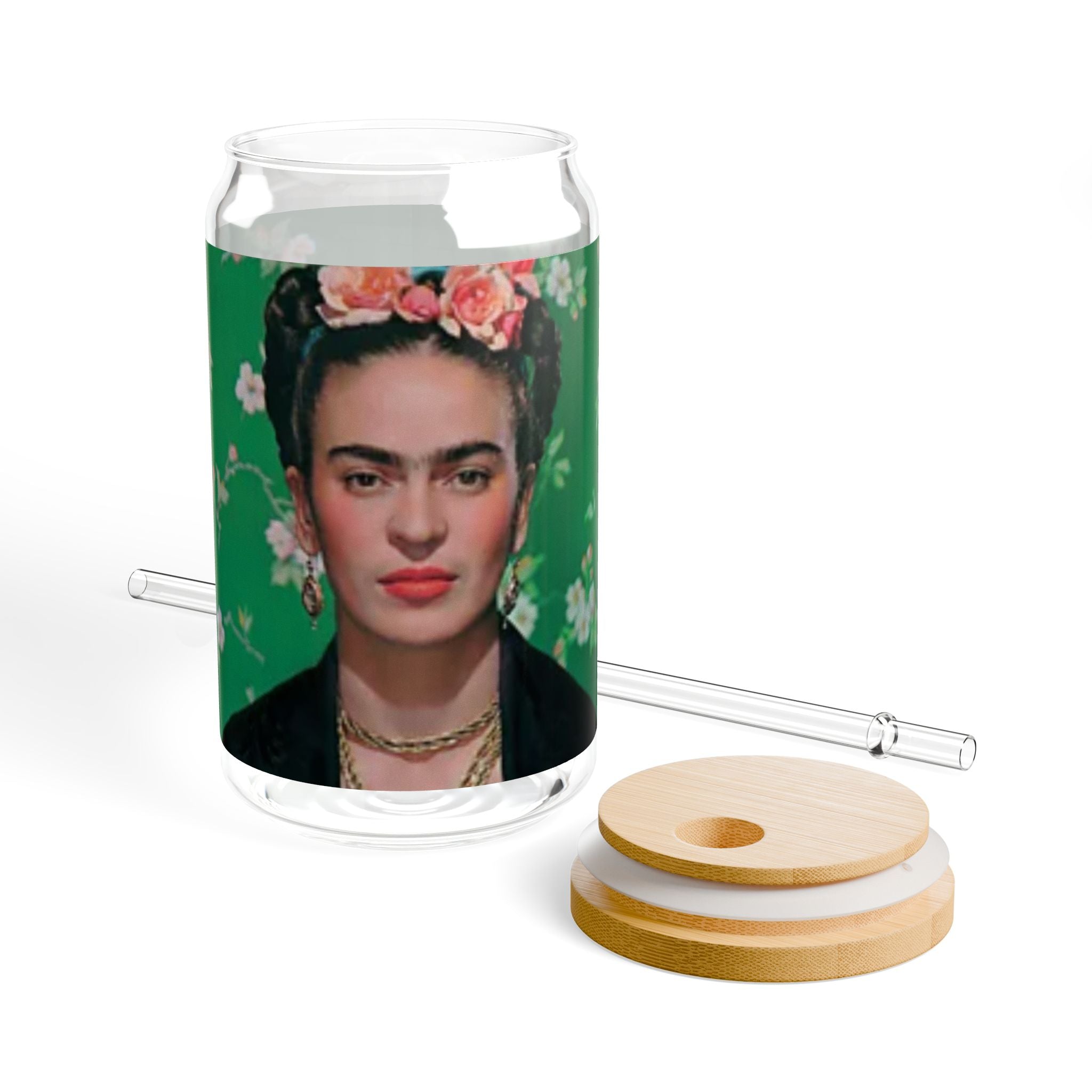 Frida Kahlo Green Flower Portrait Sipper Glass | 16oz | Feminist Art Cup | Frida | Boho Mexican Folk Art | Authentic Gifts