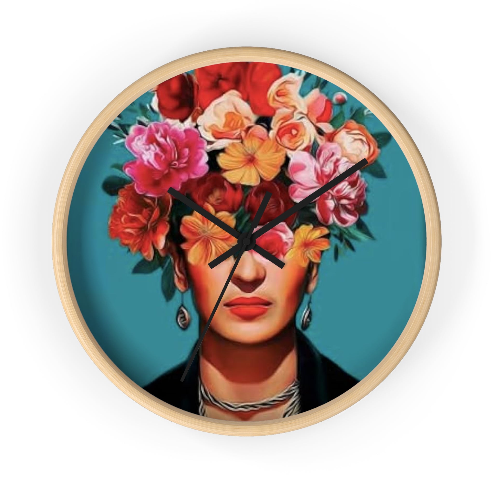 Teal Floral Frida Portrait Wall Clock | Colorful Flower Crown Frida Paiting | Mexican Art | Authentic Gifts