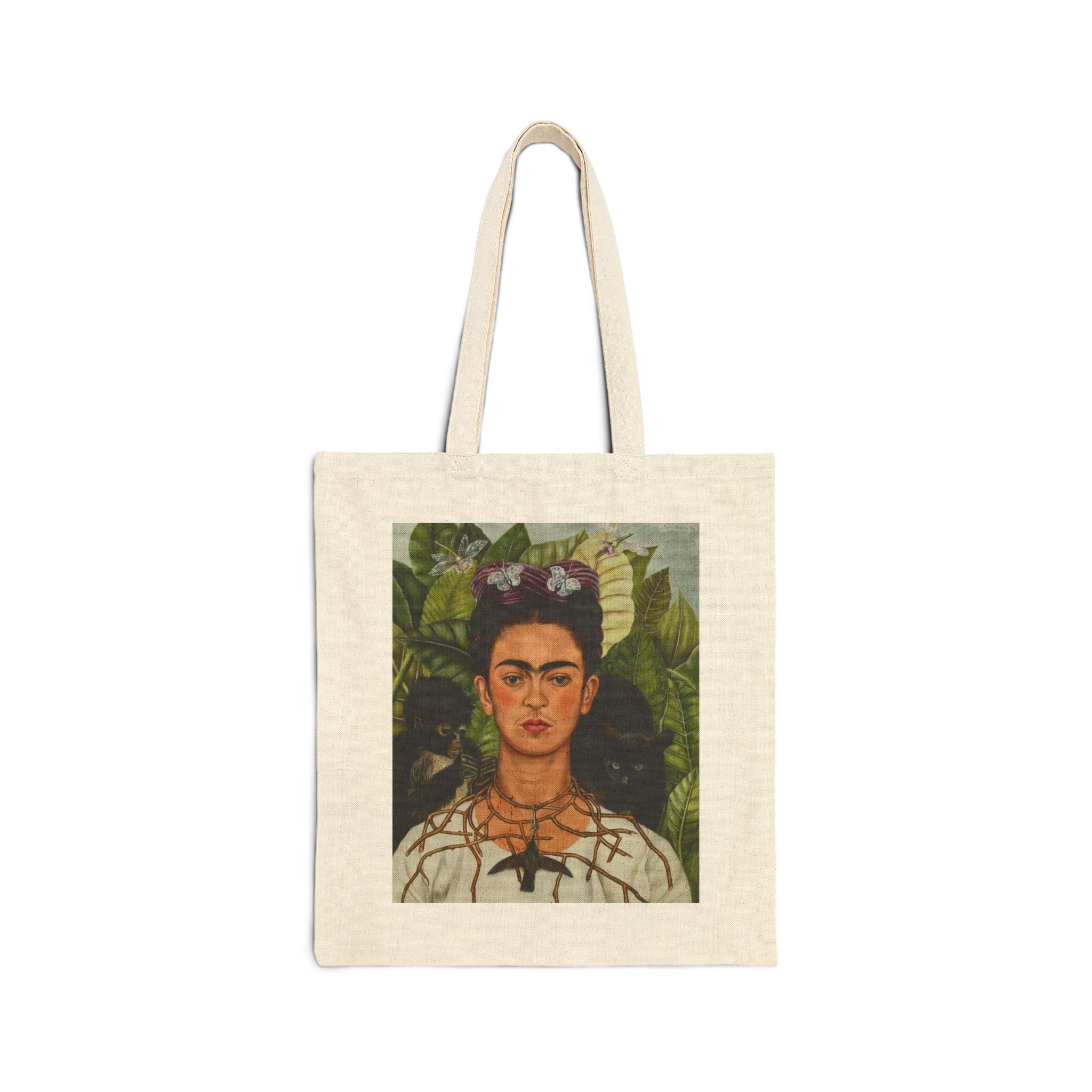 Frida Jungle Portrait Art Tote Bag | Boho Botanical Background Canvas Tote | Gifts for Her | Feminist Tote | Mexican Artists Authentic Gift