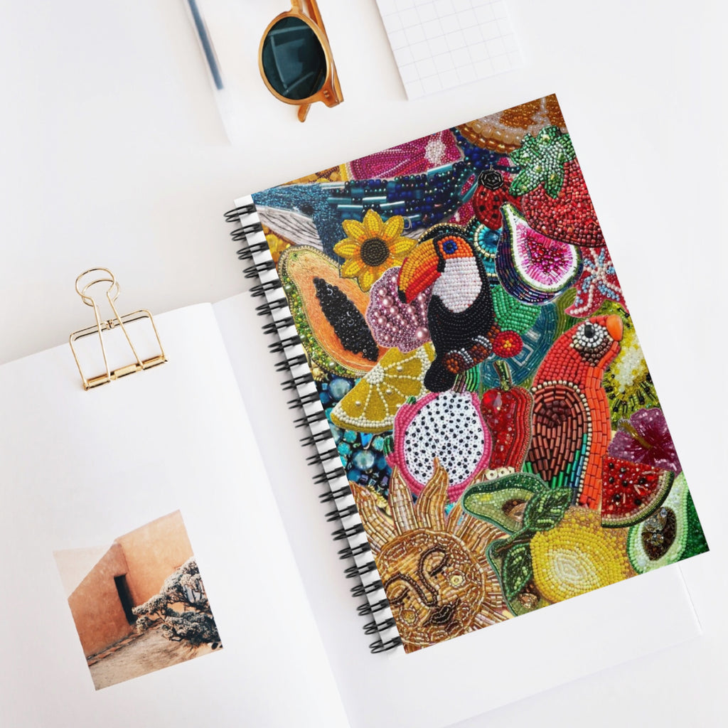 Summer Tropical Fruit Beaded Collage Spiral Notebook | Toucan & Citrus Illustration Notebook | Vacation Journal