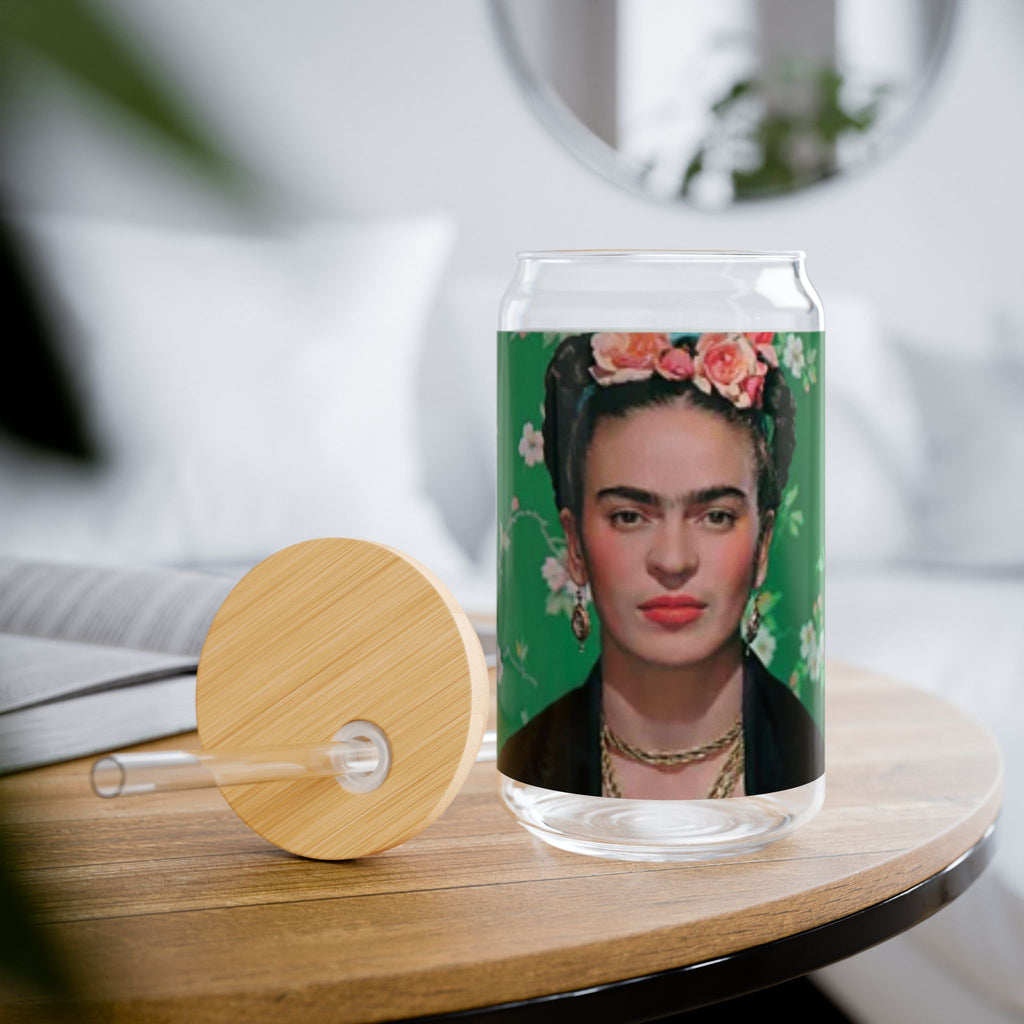 Frida Kahlo Green Flower Portrait Sipper Glass | 16oz | Feminist Art Cup | Frida | Boho Mexican Folk Art | Authentic Gifts