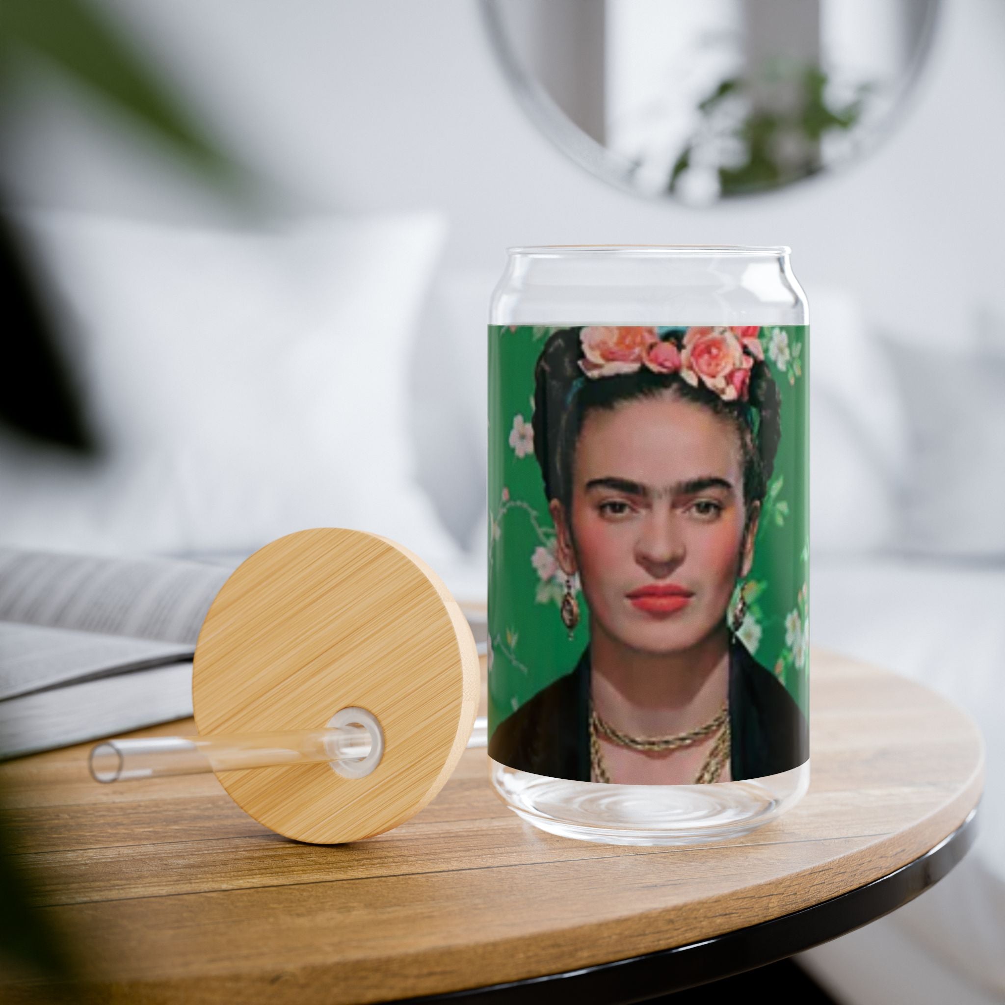 Frida Kahlo Green Flower Portrait Sipper Glass | 16oz | Feminist Art Cup | Frida | Boho Mexican Folk Art | Authentic Gifts