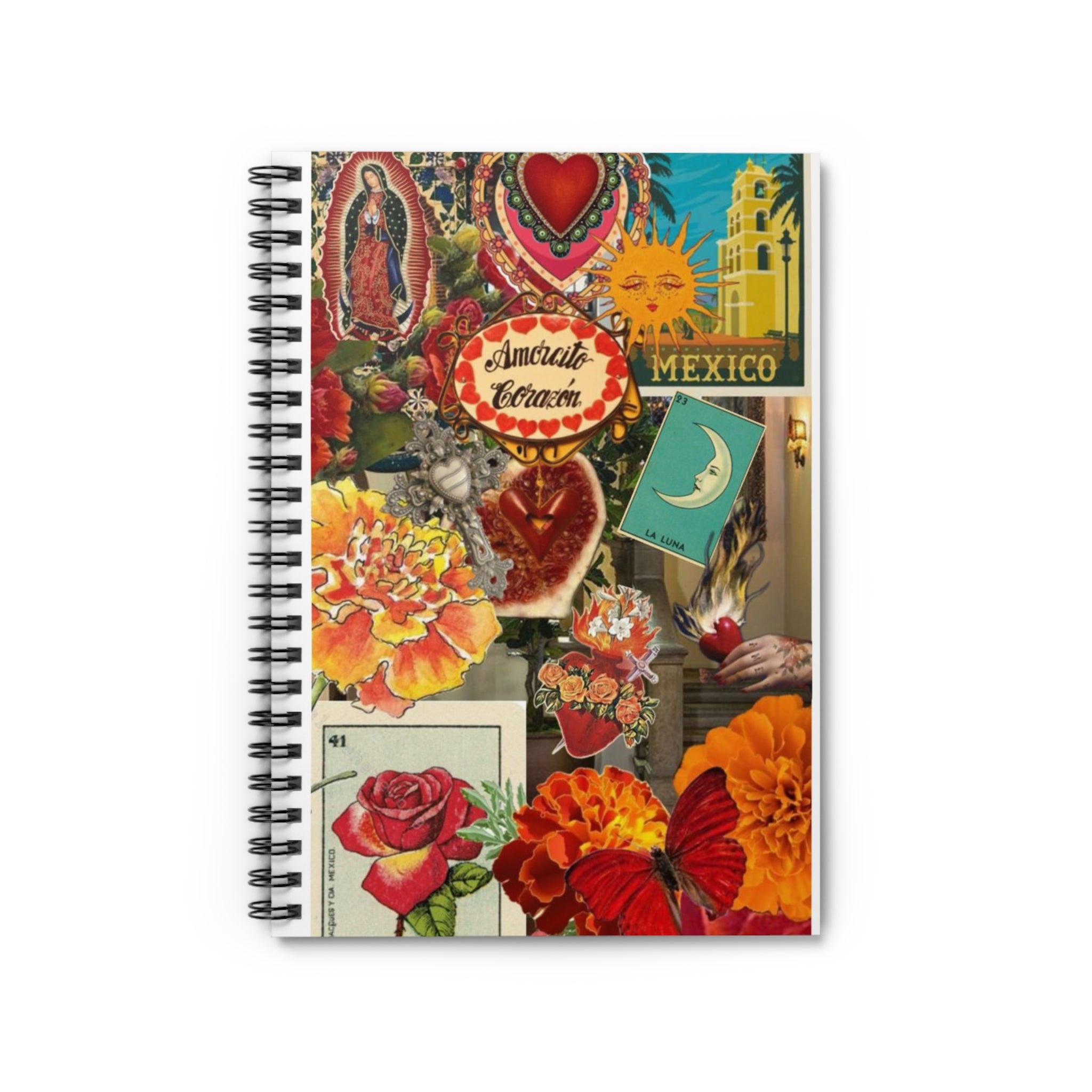 Mexican Folk Collage Spiral Notebook | Virgen, Marigolds, Hearts, Retro Ephemera | Mexican Gifts | Latina Art