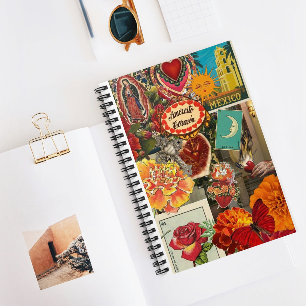 Mexican Folk Collage Spiral Notebook | Virgen, Marigolds, Hearts, Retro Ephemera | Mexican Gifts | Latina Art