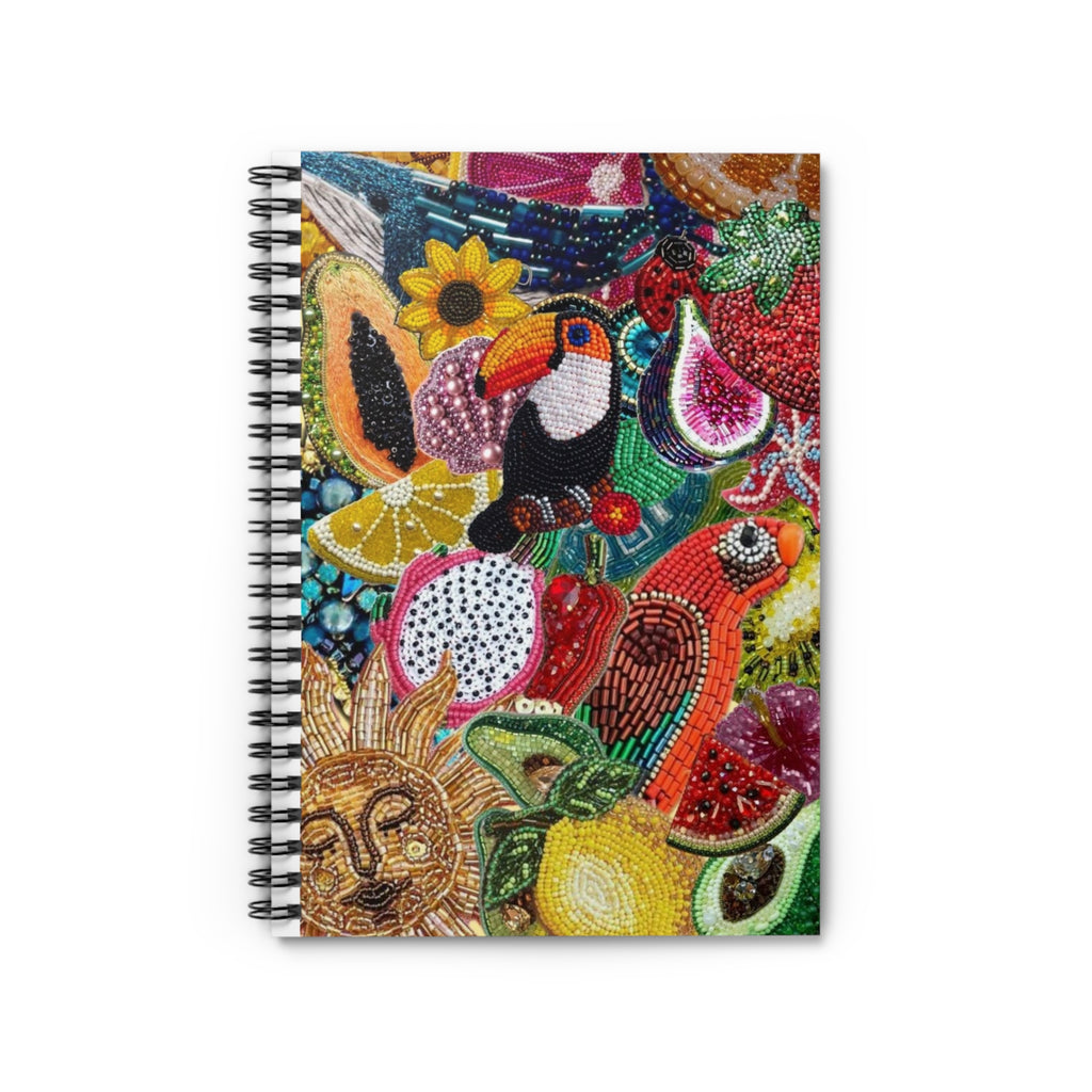 Summer Tropical Fruit Beaded Collage Spiral Notebook | Toucan & Citrus Illustration Notebook | Vacation Journal