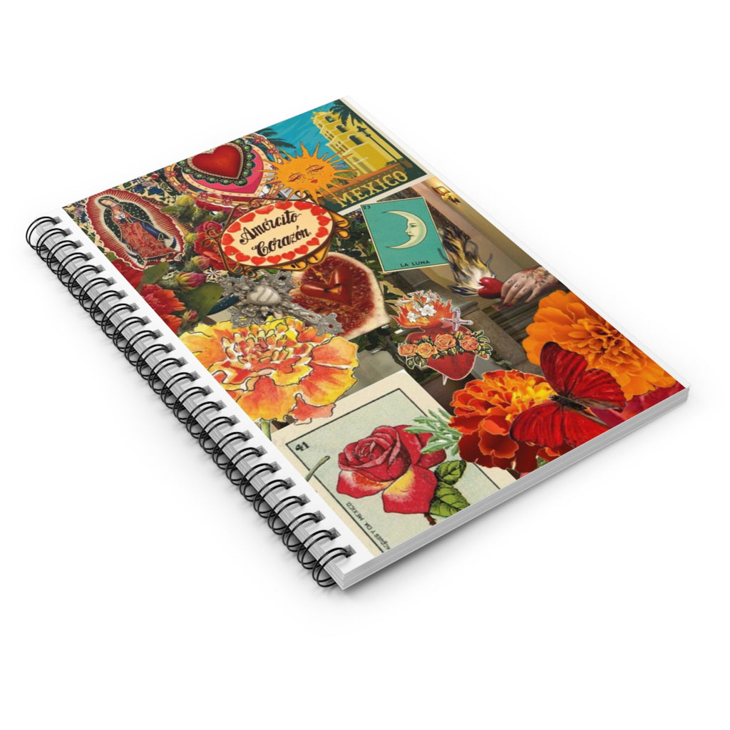 Mexican Folk Collage Spiral Notebook | Virgen, Marigolds, Hearts, Retro Ephemera | Mexican Gifts | Latina Art