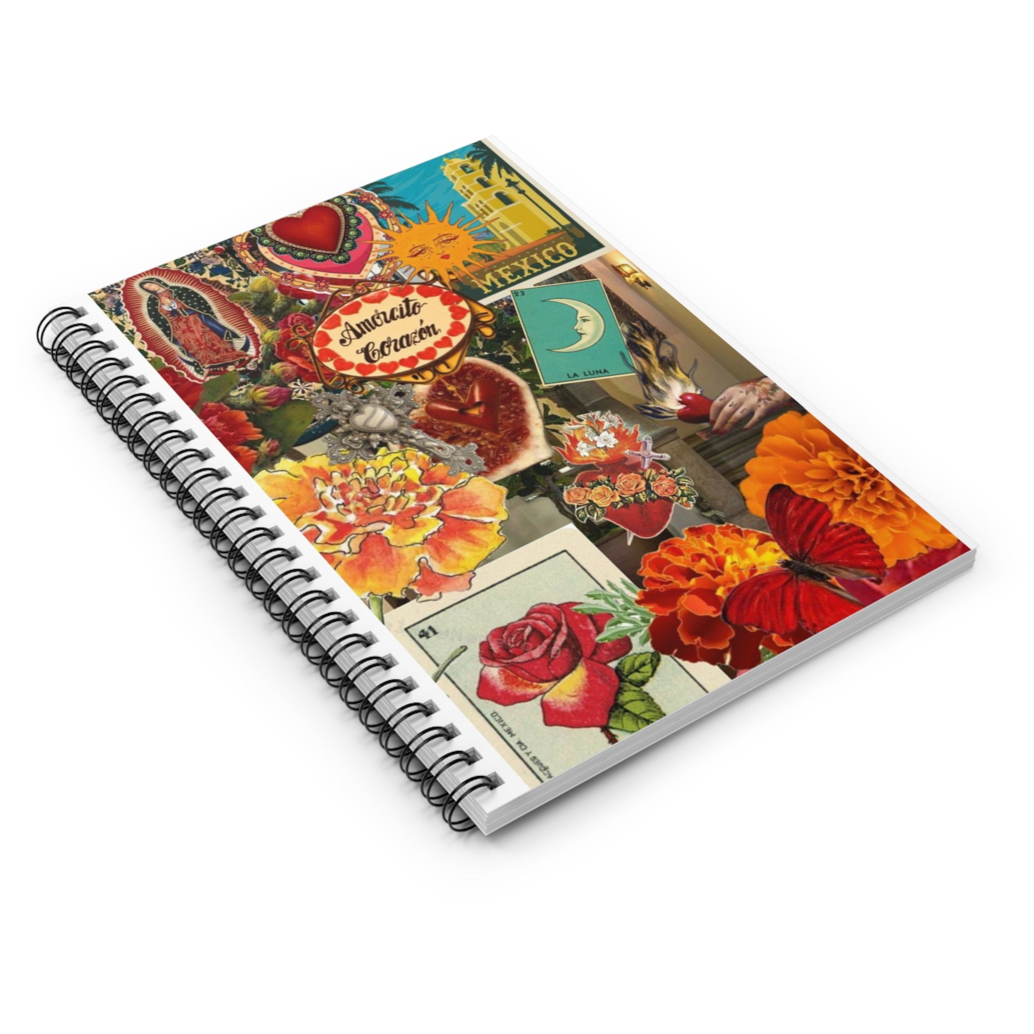 Mexican Folk Collage Spiral Notebook | Virgen, Marigolds, Hearts, Retro Ephemera | Mexican Gifts | Latina Art