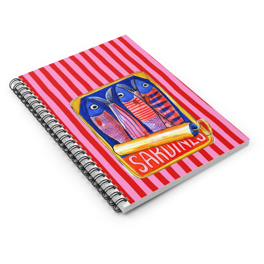 Sardines Illustration Spiral Notebook | Ruled Journal, Pink Stripes | Summer Journal | Vacation Journal | Aesthetic Notebook