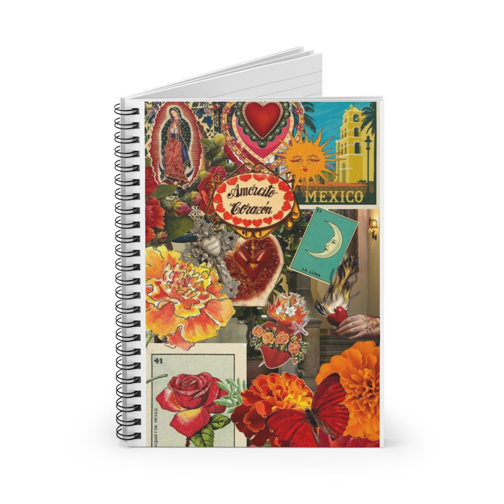 Mexican Folk Collage Spiral Notebook | Virgen, Marigolds, Hearts, Retro Ephemera | Mexican Gifts | Latina Art