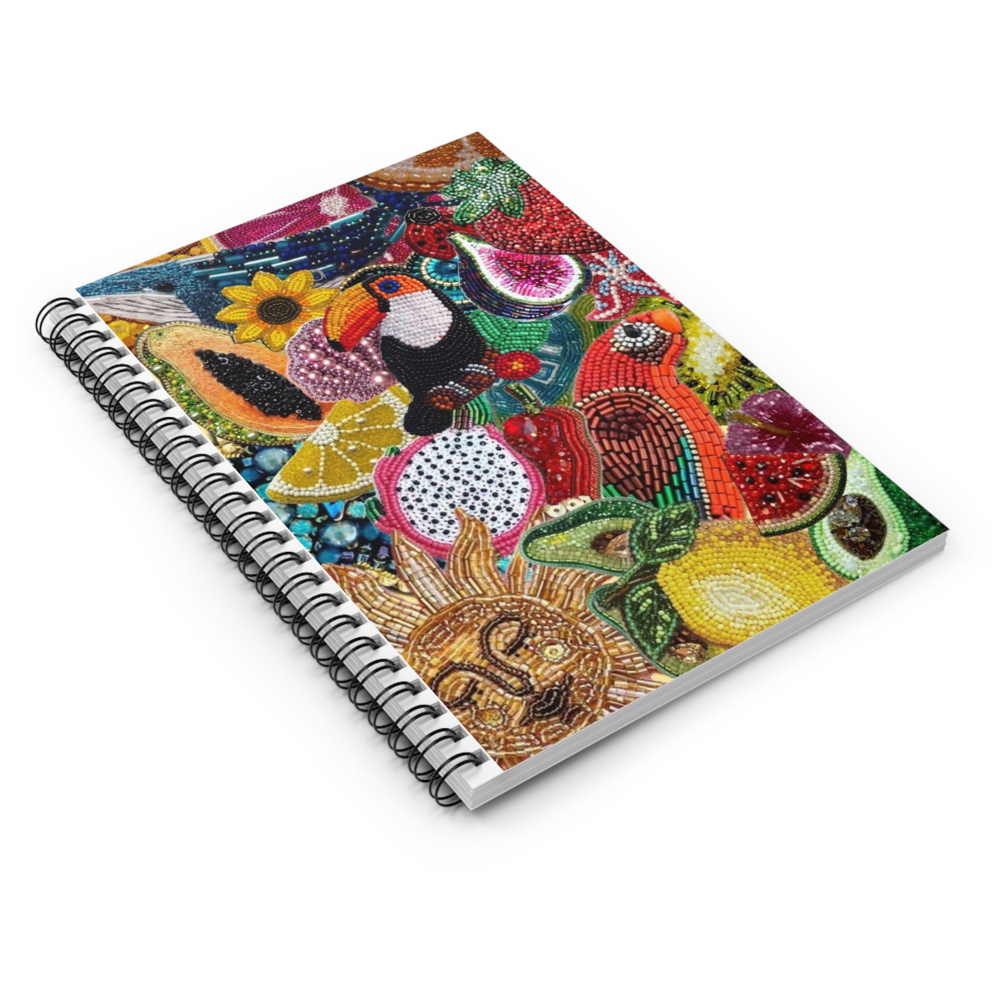 Summer Tropical Fruit Beaded Collage Spiral Notebook | Toucan & Citrus Illustration Notebook | Vacation Journal