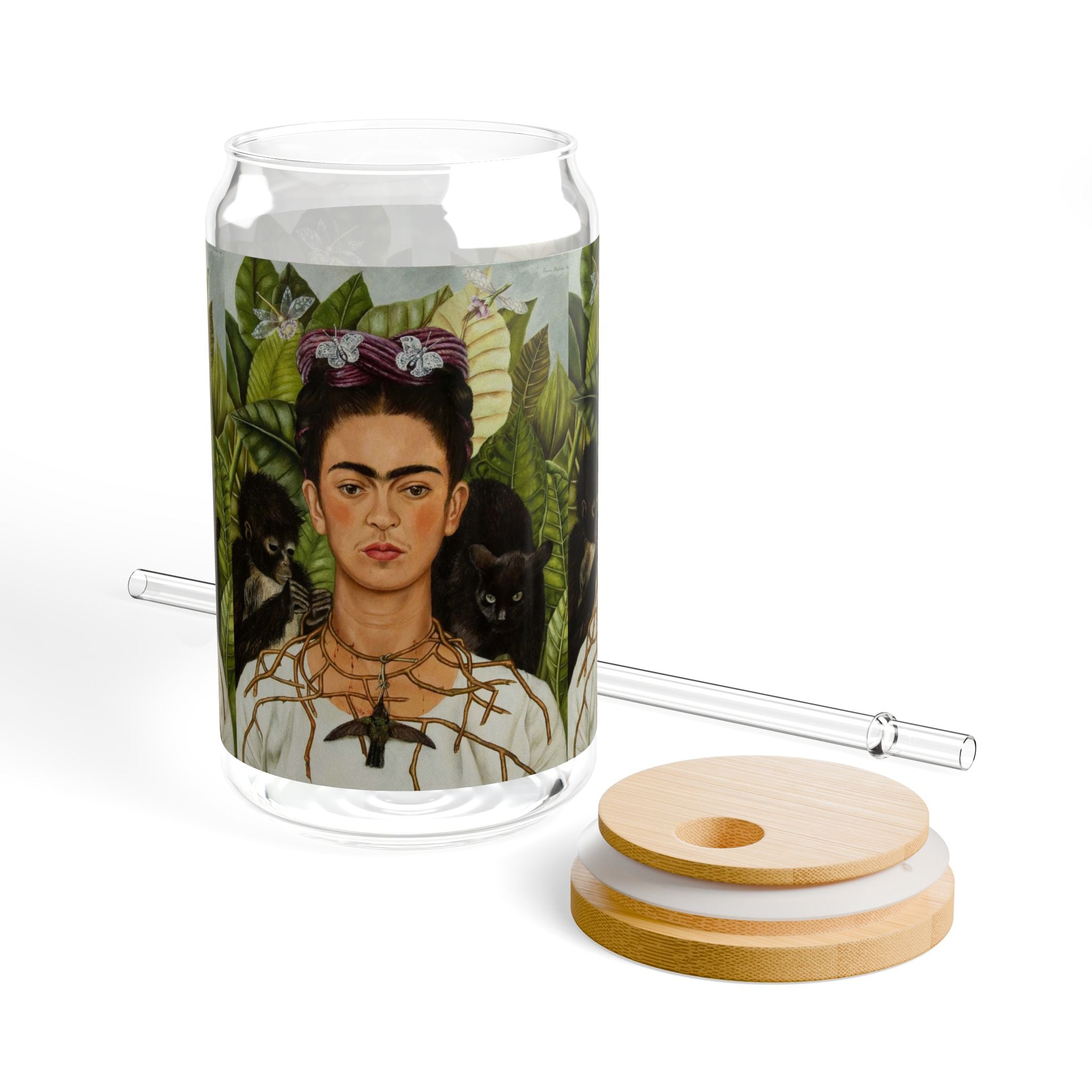 Frida Kahlo Jungle Portrait Sipper Glass | 16oz | Feminist Art Cup | Frida | Boho Mexican Folk Art | Authentic Gifts