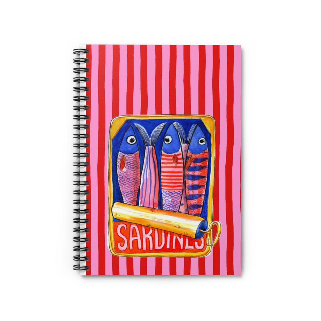 Sardines Illustration Spiral Notebook | Ruled Journal, Pink Stripes | Summer Journal | Vacation Journal | Aesthetic Notebook