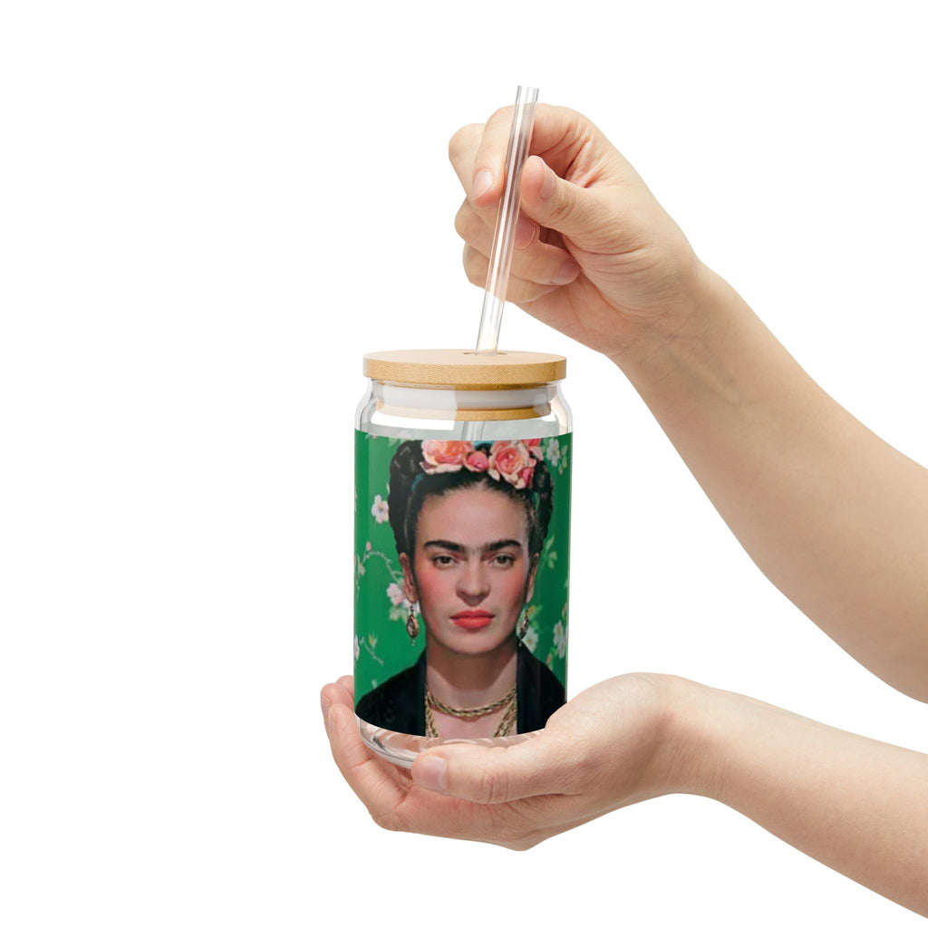 Frida Kahlo Green Flower Portrait Sipper Glass | 16oz | Feminist Art Cup | Frida | Boho Mexican Folk Art | Authentic Gifts