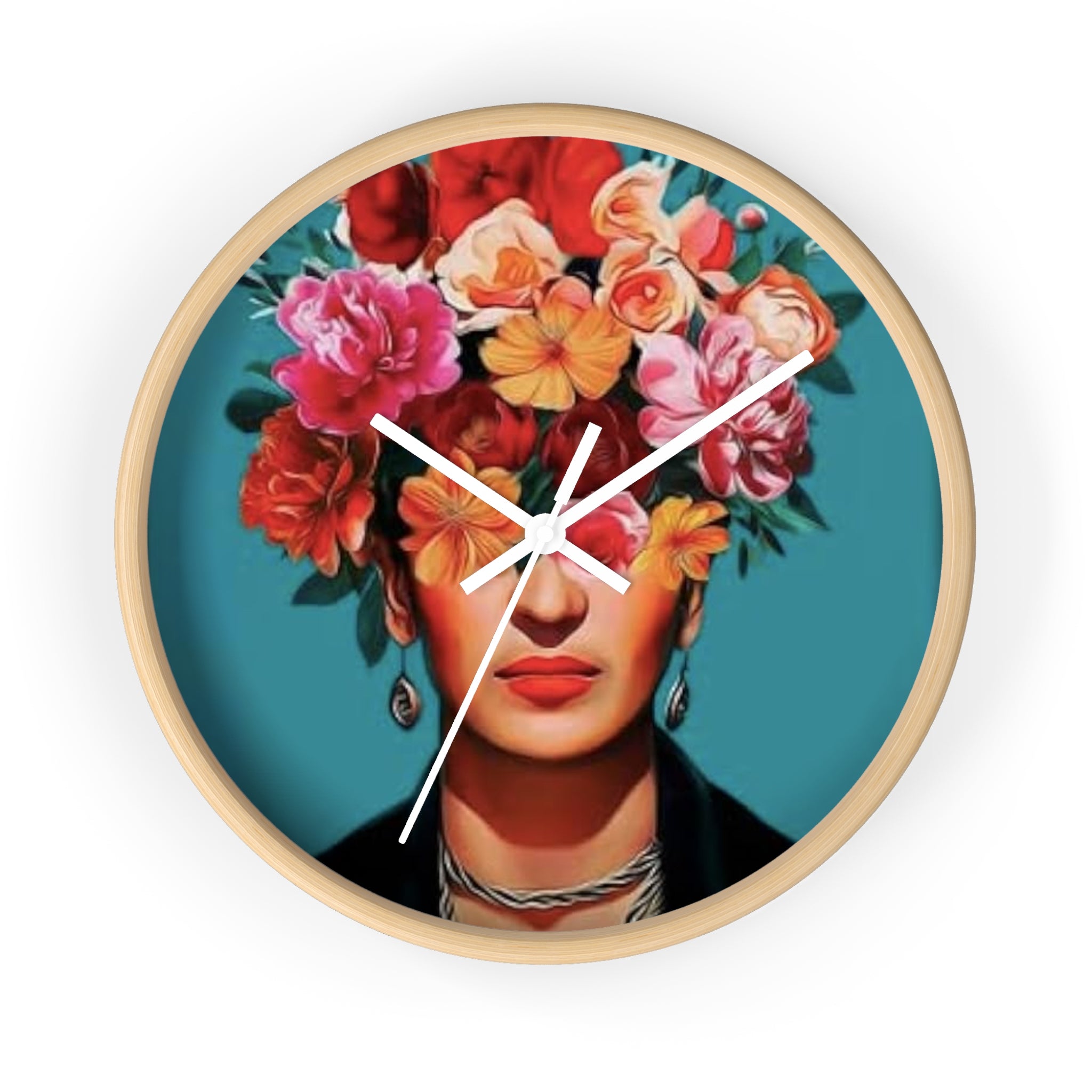 Teal Floral Frida Portrait Wall Clock | Colorful Flower Crown Frida Paiting | Mexican Art | Authentic Gifts
