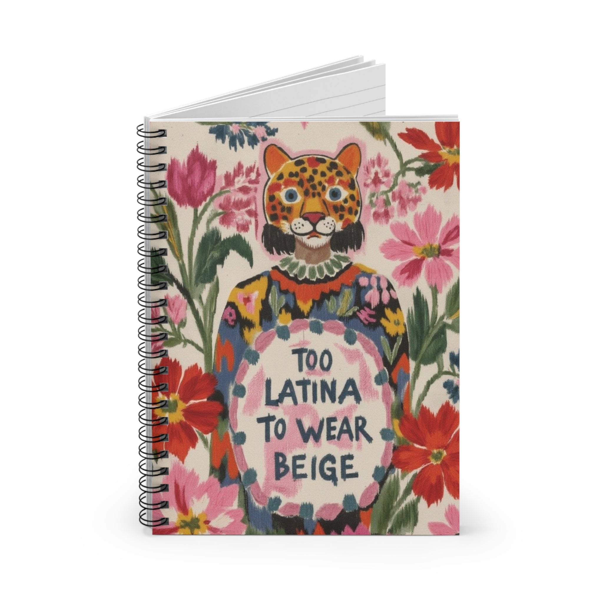 Too Latina To Wear Beige Spiral Notebook | Floral Leopard Illustration | Latina Power | Mexican Artist | Artist Sketchbook