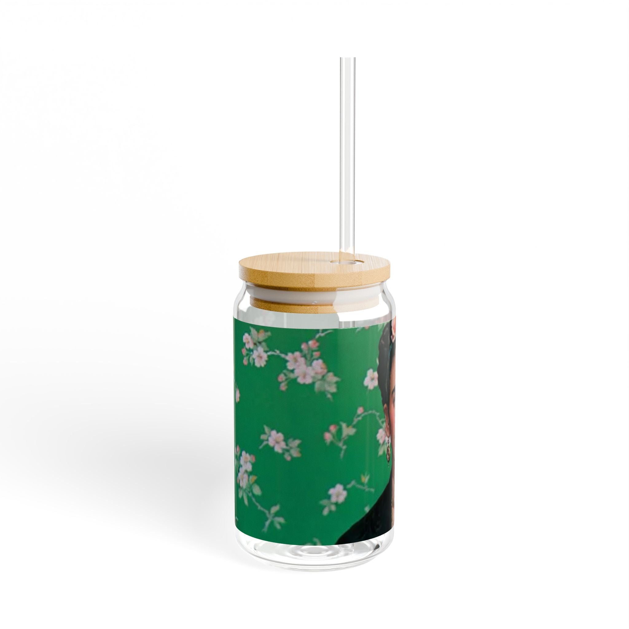 Frida Kahlo Green Flower Portrait Sipper Glass | 16oz | Feminist Art Cup | Frida | Boho Mexican Folk Art | Authentic Gifts