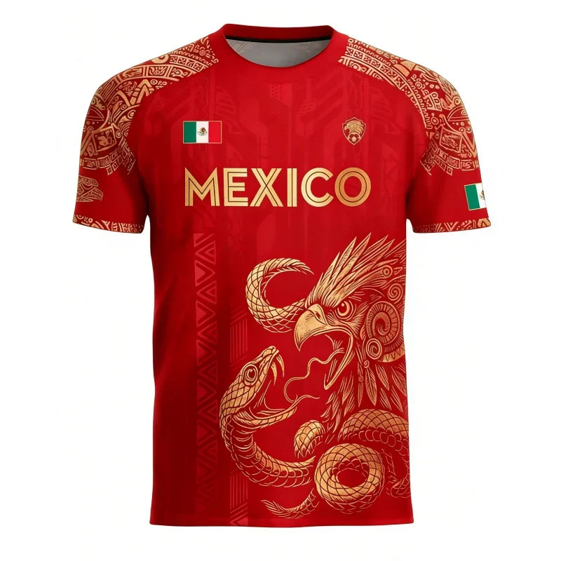 Mexican Flag Printed Men's T-shirt Fun 3D Eagle Pattern Short Sleeve Outdoor Football Sports Casual Top