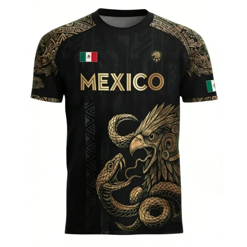 Mexican Flag Printed Men's T-shirt Fun 3D Eagle Pattern Short Sleeve Outdoor Football Sports Casual Top